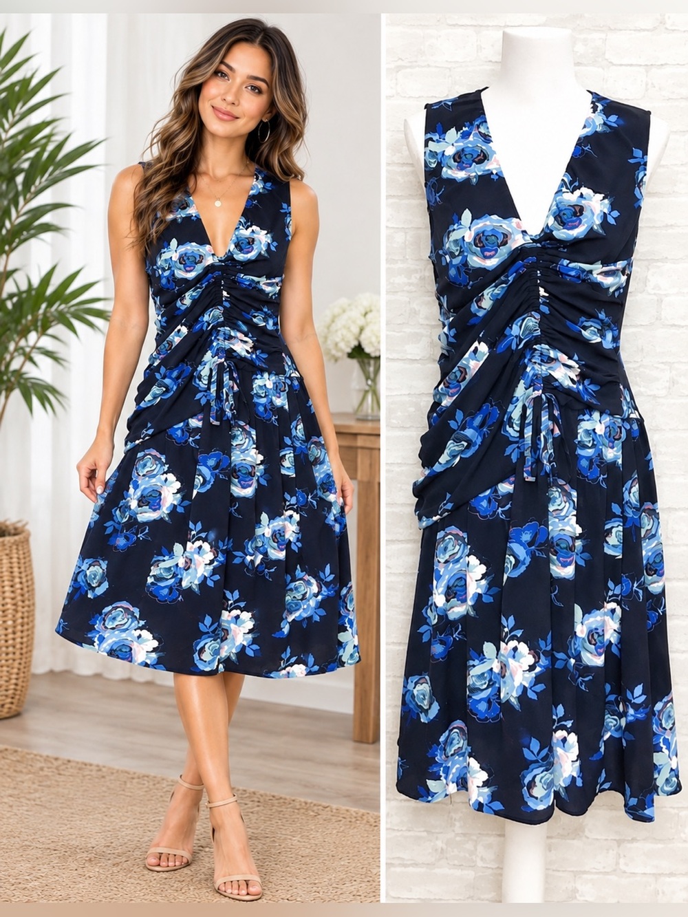 Halogen Blue Floral Ruched Sleeveless Midi Dress Petite SP NWOT